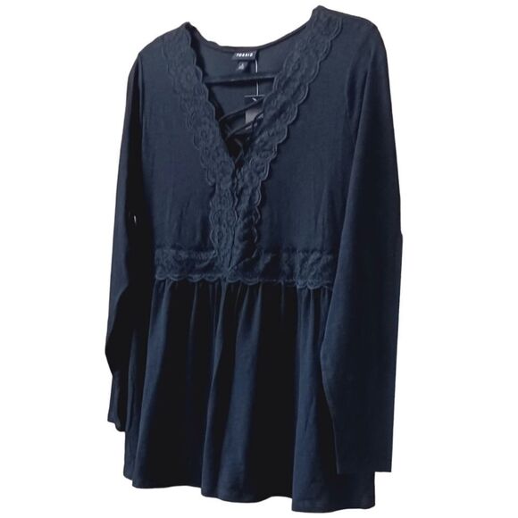 TORRID PLUS SIZE Black Babydoll Super Soft V-Neck Lace-up Lace Trim Top. 2X - Picture 5 of 16